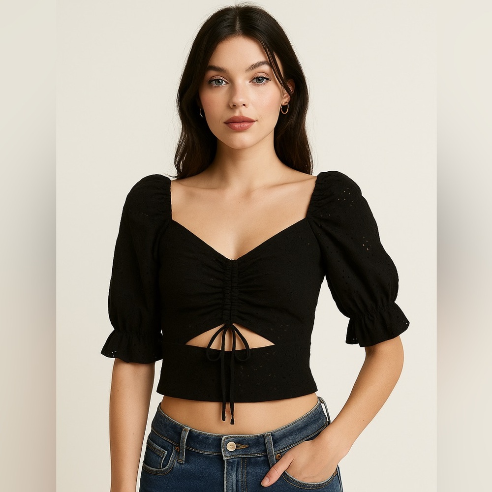 Urban Romantics Black Eyelet Ruched Puff Sleeve Crop Top XS Y2K Night Out